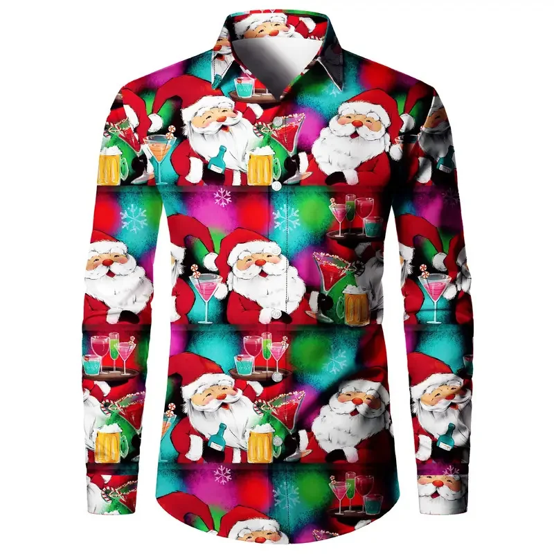 

Men's Shirts Christmas New Designer Design 2024 Christmas Snowman Party Fashion Shirts Lapel Buttons Quad Stretch Fabric Tops