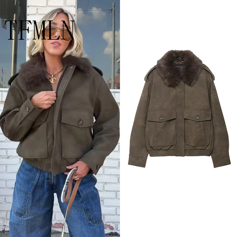 TFMLN Women Winter Suede Jacket New Fashion Thicken Long Sleeve Zipper Oversized  Coat Detachable Fur Collar Streetwear