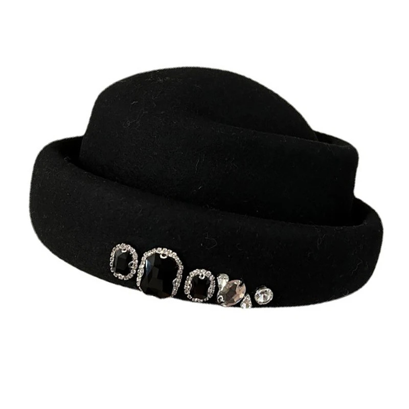 

Fashion Retro Style High Quality Rhinestone Wool Top Women Fedora Hat Version Versatile Beret Painter'S Hat Church Dress