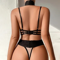 Ensemble de sous-vêtements classiques à bandes croisées pour femmes, soutien-gorge Sexy en dentelle creuse, poitrine basse, maille Ultra fine, respirant, Lingerie tanga 4