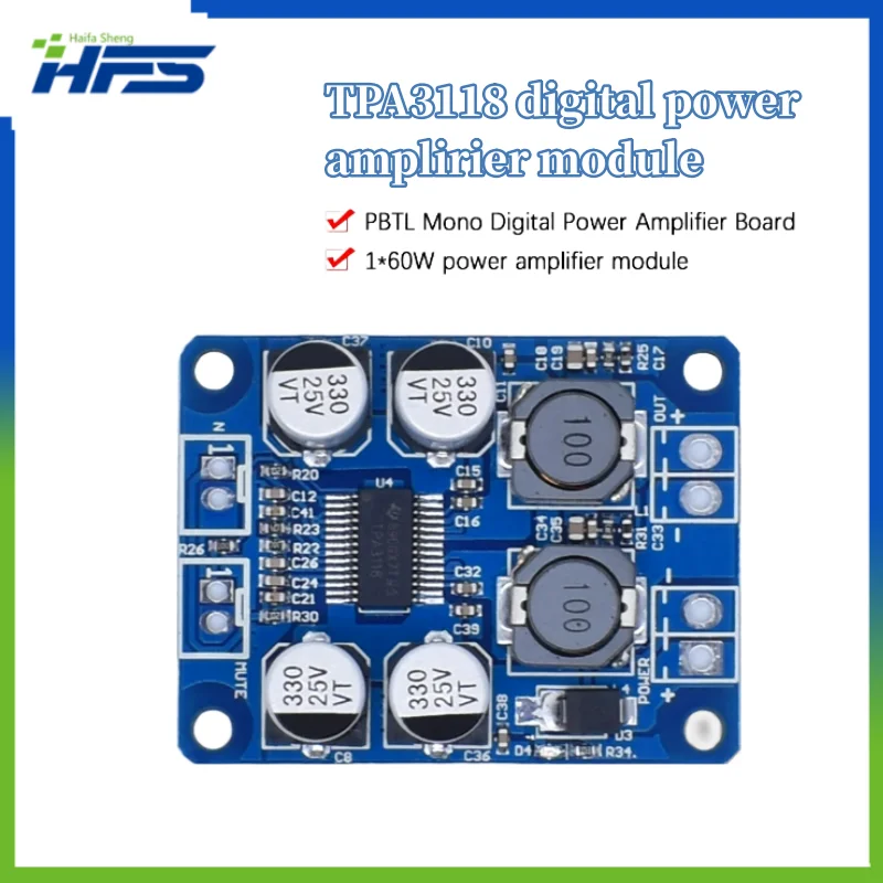 

Mono Digital Amplifier Board, Power AMP, 1x60W, DC 12V-24V, TPA3118 PBTL