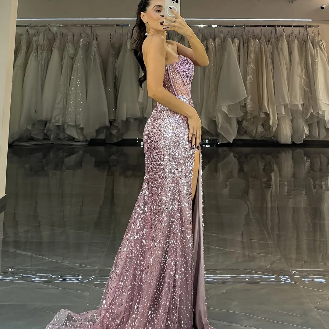 chinese dress ladies Feather-Trim Long Beaded Mermaid Prom Dress CC2308 Lavender / 2 main image 0