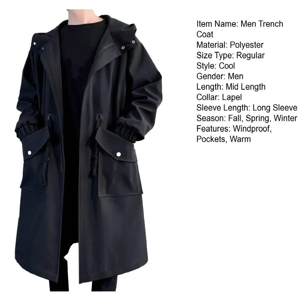 Description Picture 3 of itemMen Hooded Windbreaker Stylish Men's Hooded Trench Coat with Zipper Closure Big Pockets Windproof Streetwear Jacket for Men