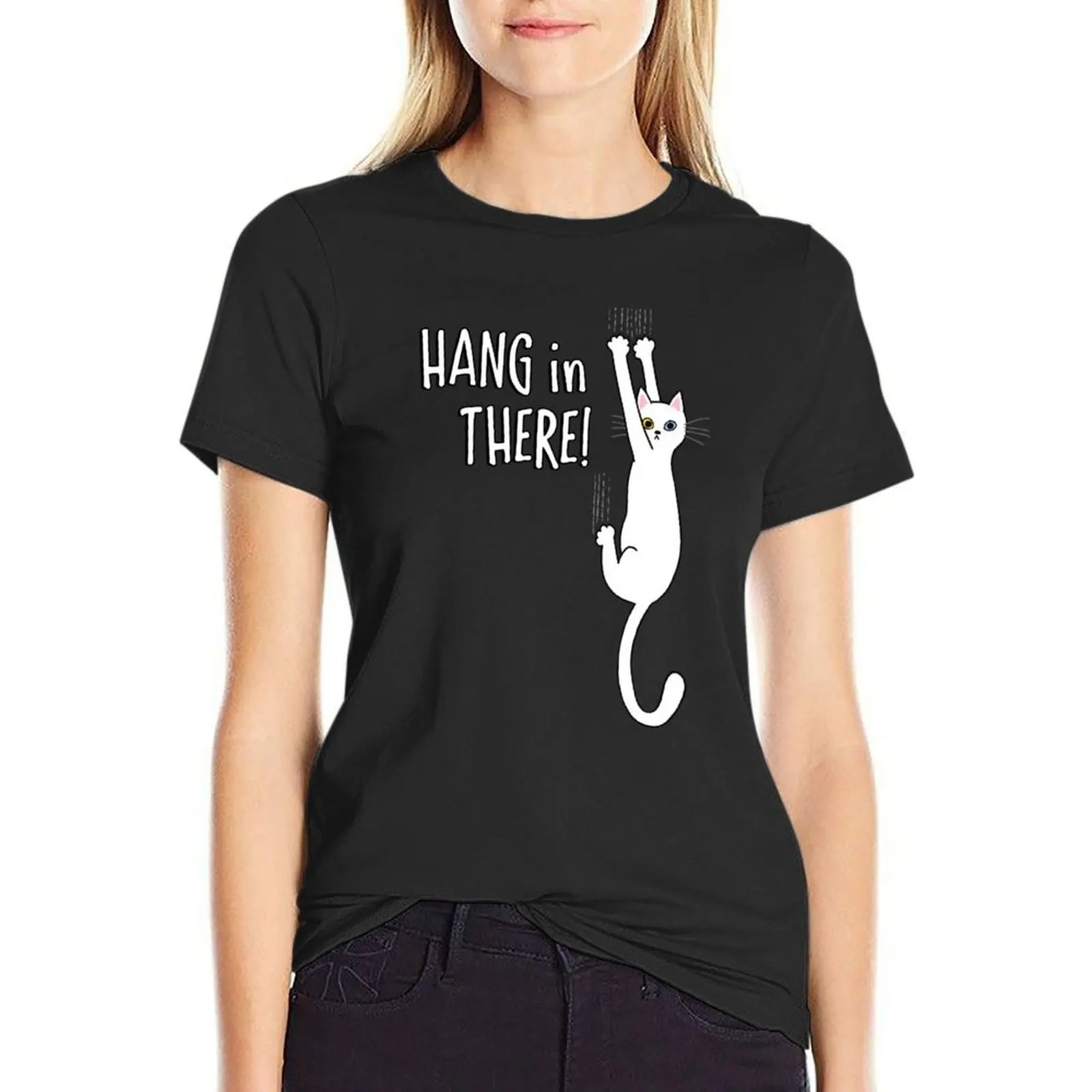 

White Cat Holding on with Claws - Hang in There! T-shirt plus size tops vintage clothes Woman fashion