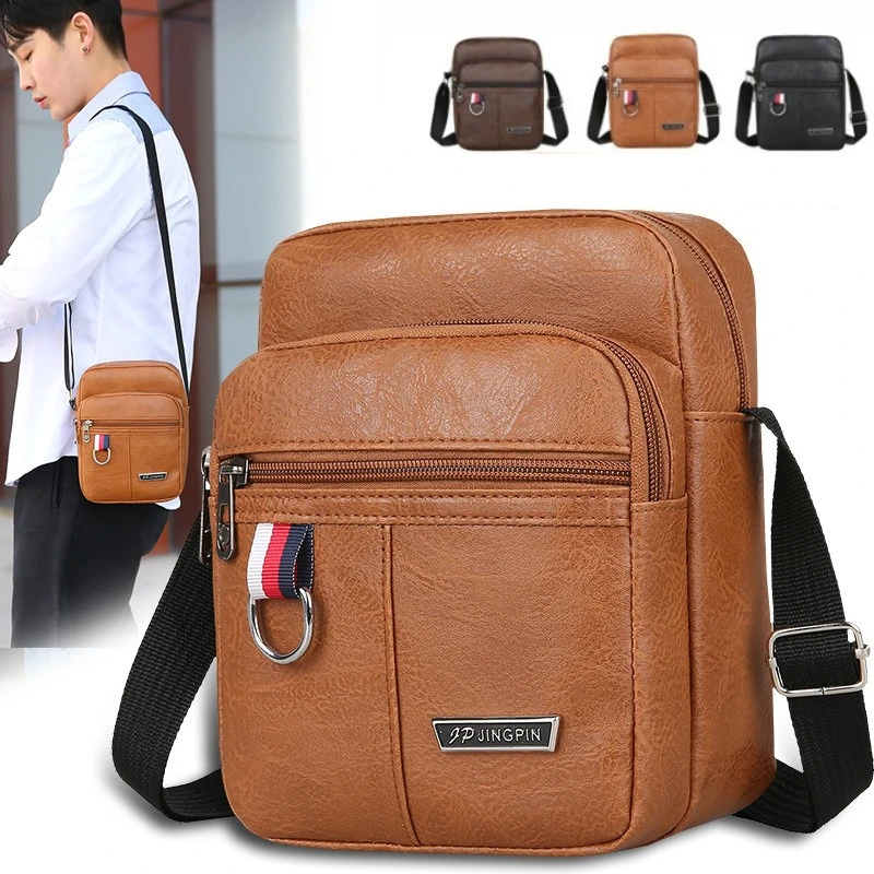 Men's PU Leather Waterproof Large-Capacity Casual Shoulder Messenger Bag - Brown/Black