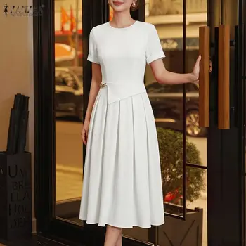 2026 ZANZEA Elegant Summer A Line Dress Women Stylish Solid Color OL Work Dresses O Neck Short Sleeve Pleated Sundress Midi Robe 1