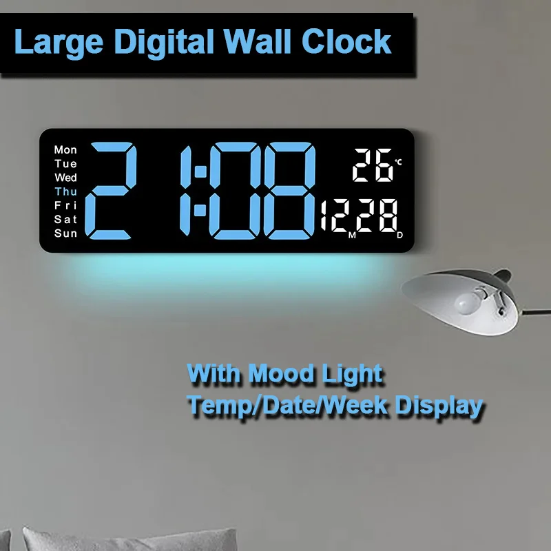 Large Digital Wall Clock LED Alarm Clock Ambient Lights Temp Date Week Display with Remote Control Clock for Home Living Room