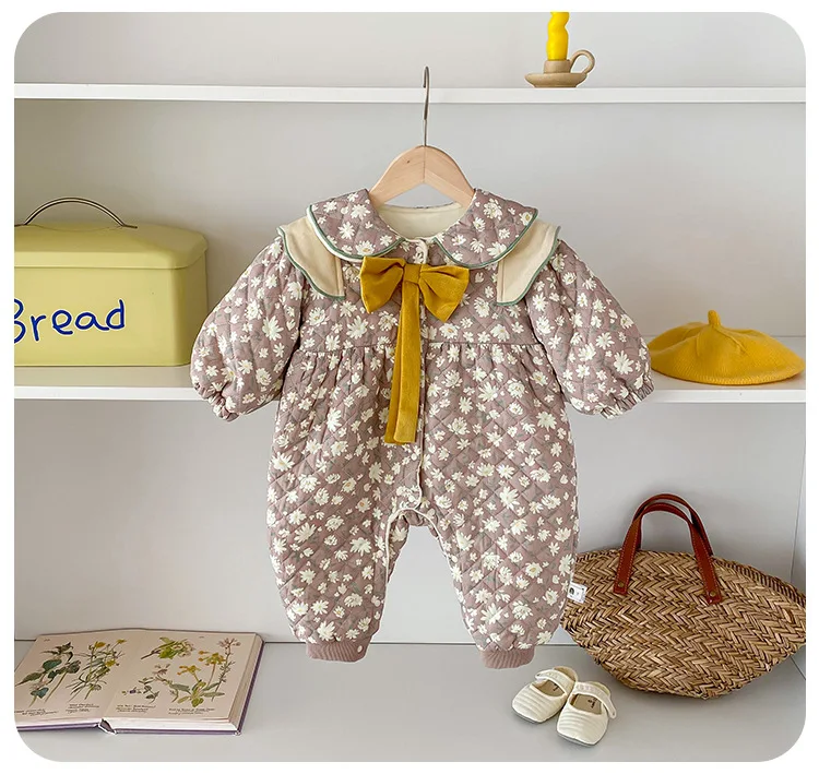 Cekcya Baby Mädchen Baumwolle Jacke Winter Koreanische Plüsch Verdickt Infant Mädchen Overall Floral Knotbow Warme Kleinkind Mädchen Schnee Getragen – Detail 8