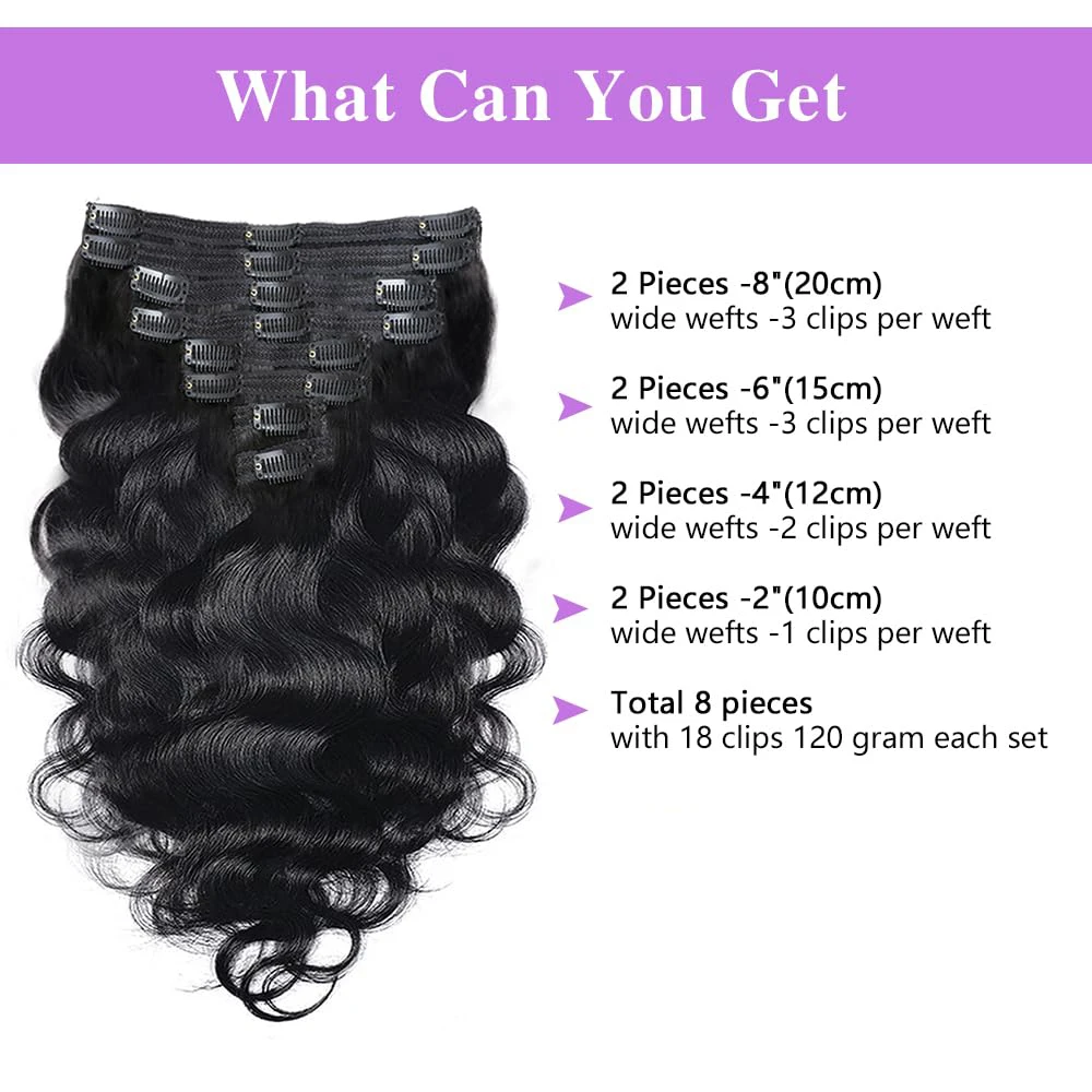 Body Wave Clip In Hair Extensions For Women 8Pcs Clip In Human Hair Extensions With 18 Clips Double Weft Natural Color #1B