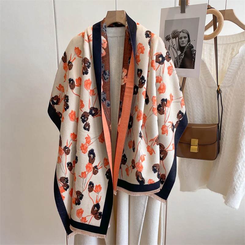Dicker, warmer Winterschal aus Kaschmir für Damen, geometrischer Druck, Pashmina-Poncho, Schal mit Quaste, lässiger Bufanda_voghion.com
