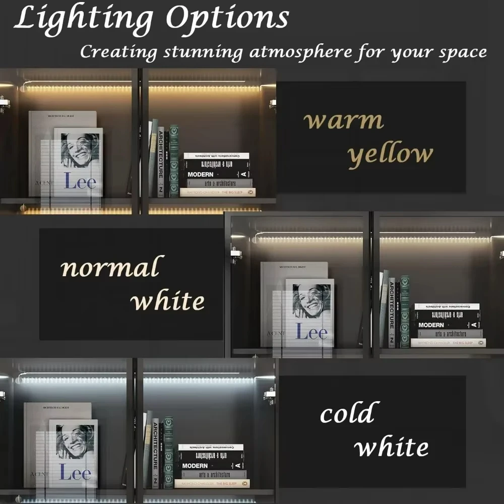 Display Cabinet, with 2 Glass Doors and Lights, Display Case Cabinet with 4-Tier Storage Shelves and 2 Drawers, Pop-up Design 2
