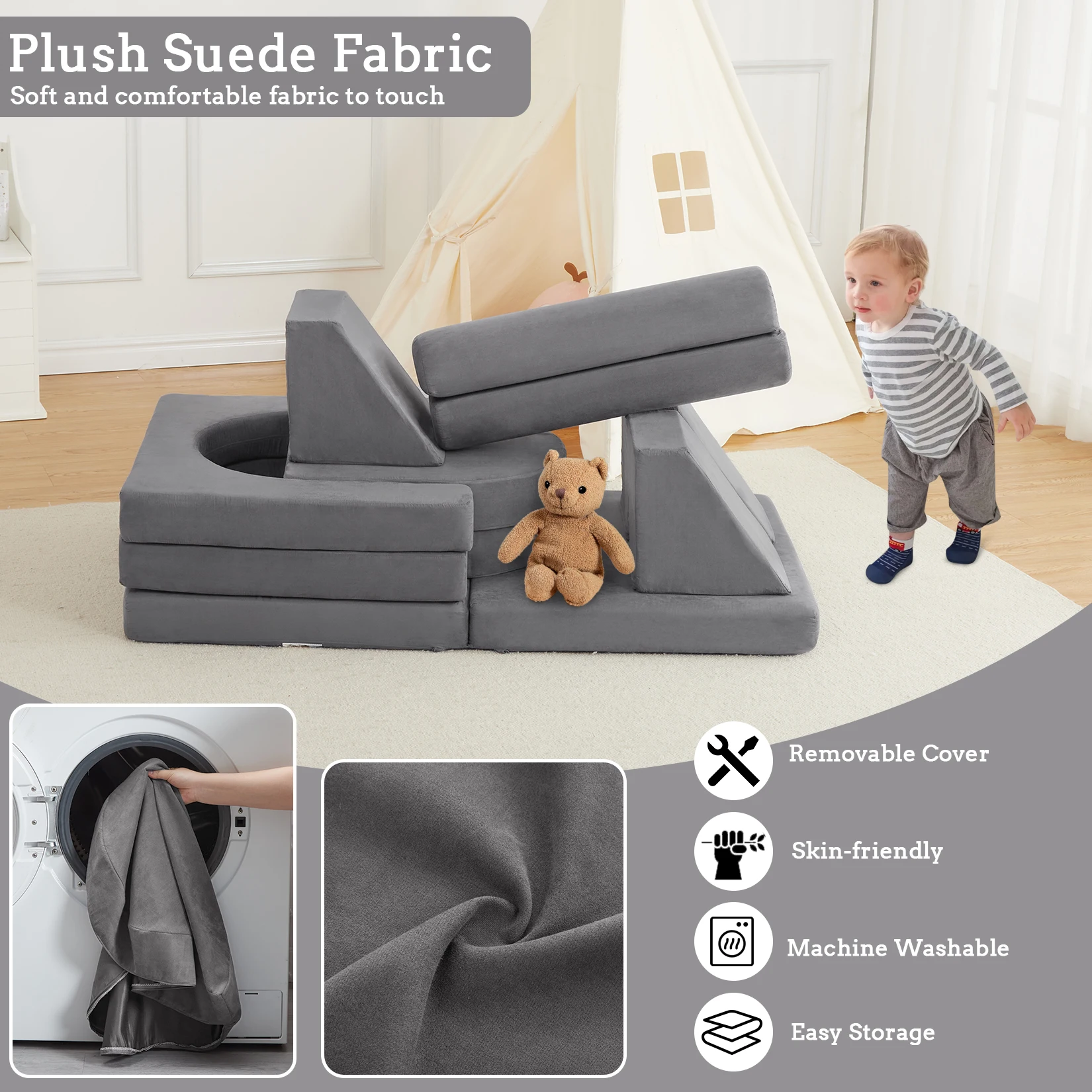 25D Sponge Modular Kids Play Couch for Playroom Kids Modular Couch, Convertible Foam Couch Kids Play Set for Creative Play 4