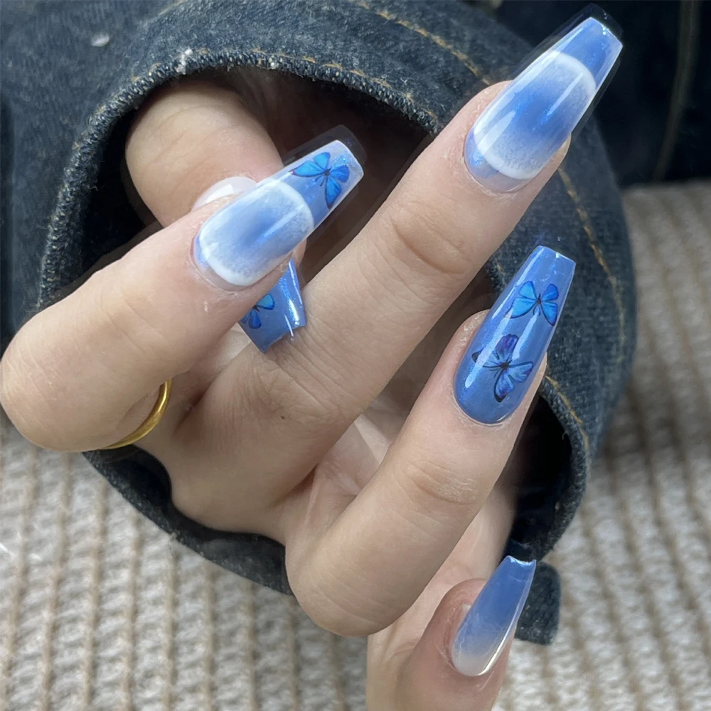 10 Pcs Blue Butterfly Design Handmade Fake Nails Luxury Wearable French Coffin Long Full Cover Press On Nails Cute y2k Nail Tips