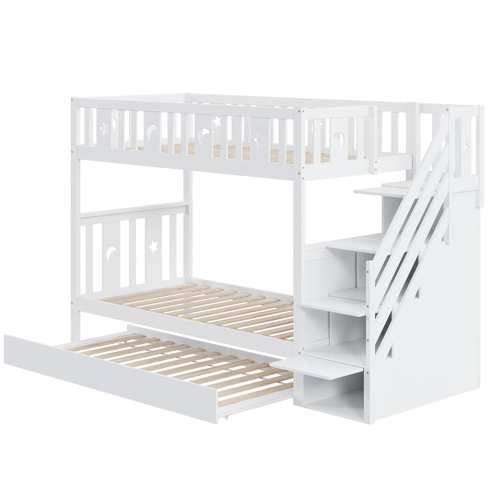 Kinderbett 90*200cm, Etagenbett aus Massivholz mit Sicherheitstreppe, Stauraumtreppe, zwei große Schubladen und Gitter, Weiß – Detail 33