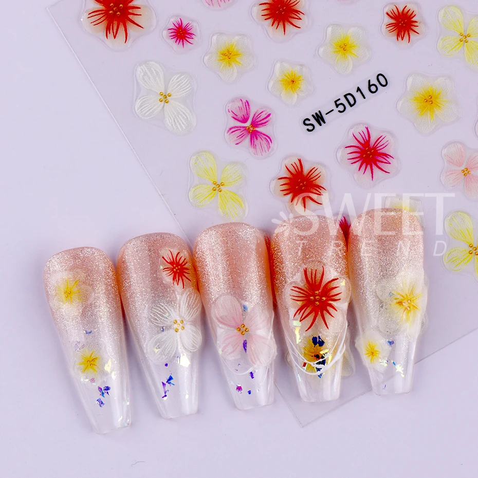 5D Orchid Rose Flower Nail Sticker Decals Simple Floral Embossed DIY Self-adhesive Nail Art Slider Supplies DIY Manicure Decor