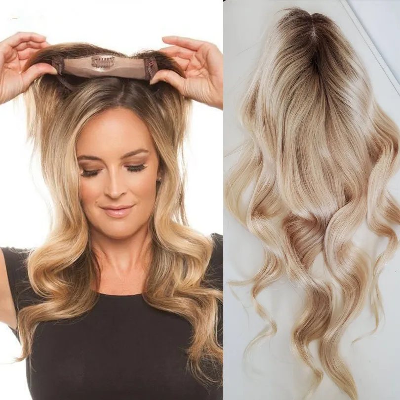 

6-20inch Ombre Color Human Hair Topper Blonde PU mono Base 100% Remy Hair Hair Piece Skin Clip in 4/613 Toupee Hair For Women