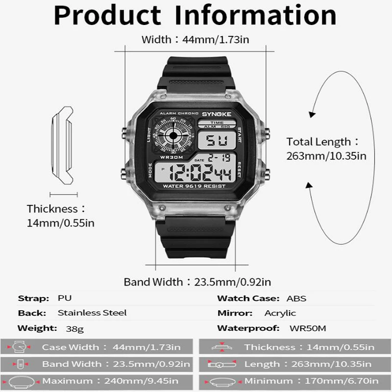 Synoke Shockproof Men's Sport's Watch Fashion 30M Waterproof Swimming Digital Wristwatch Colorfully Led Light Male Alarm Clock 2