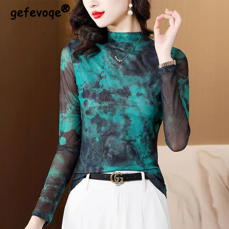 

Women Korean Fashion Tie Dye Print Sexy Mesh Elegant Basic T-shirts Spring Autumn Vintage Half High Collar Long Sleeve Slim Tops
