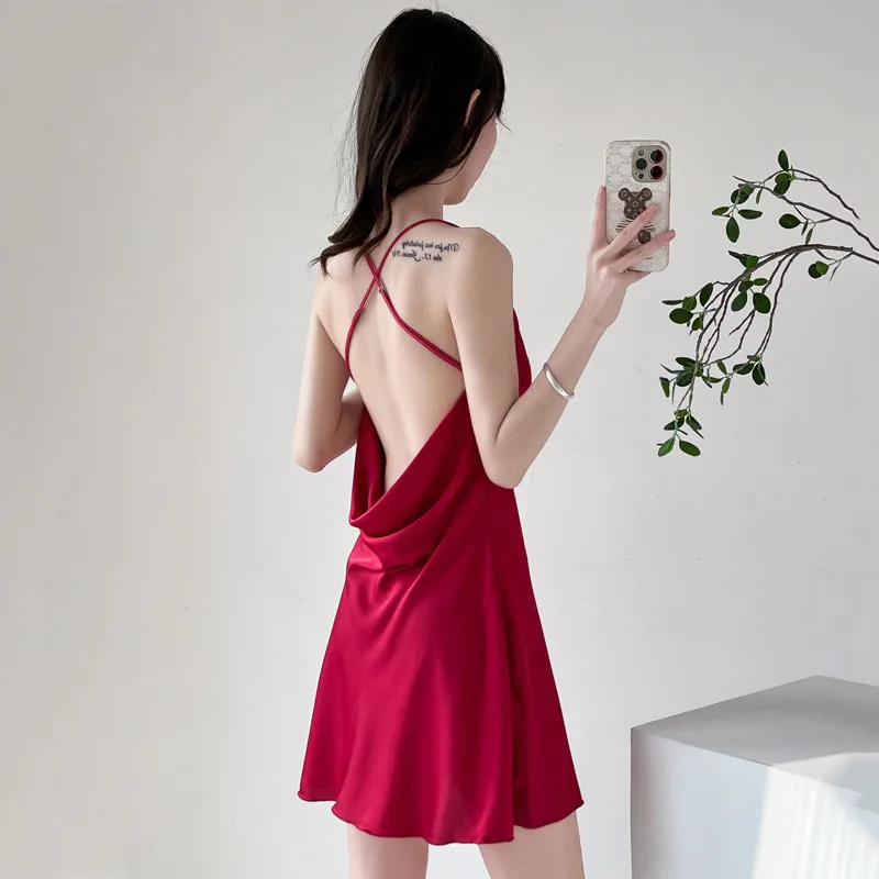 

New Sling Night Dress Women's Summer Nightgowns Sexy Open Back Ice Silk Thin Homewear Nightshirt Female Nightwear Sleepshirt