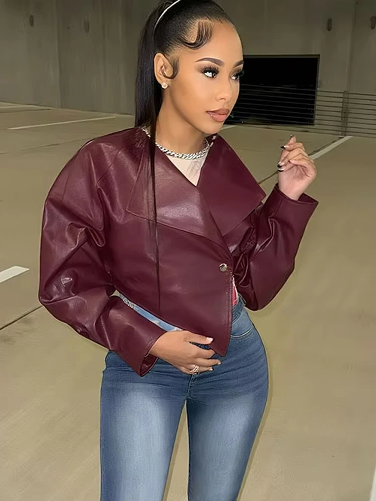 Weird Puss Single Button Crop Jacket Women Hipster Irregular Faux Leather Fall Trend Wild Basic Sexy Cross Neck Streetwear Coat - Image 2