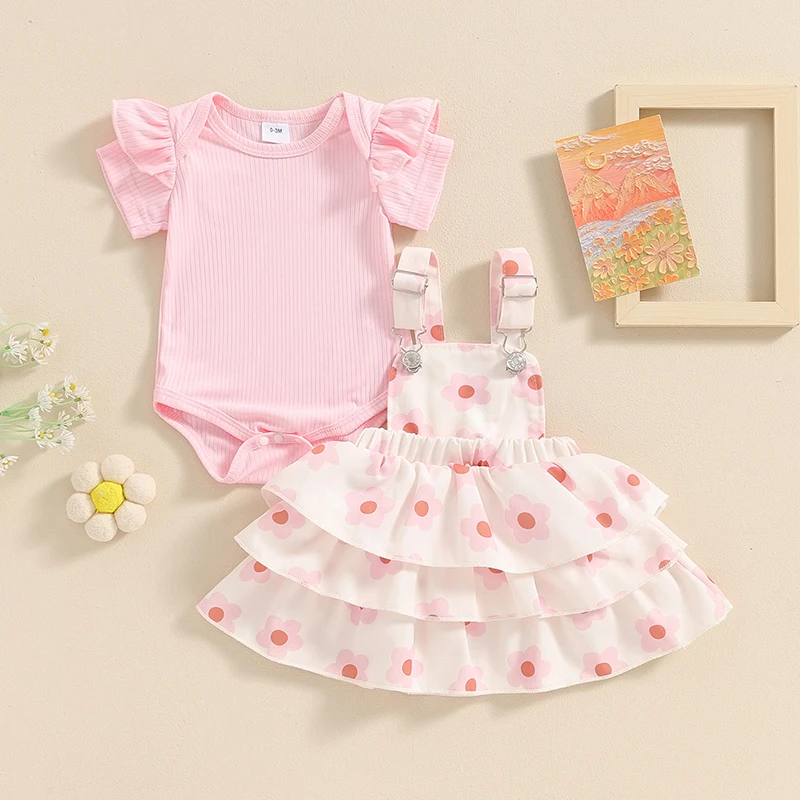 

Suefunskry Baby Girls Spring Summer Outfits Short Sleeve Romper + Floral Suspender Skirt + Headband Set Newborn 3 Piece Clothes