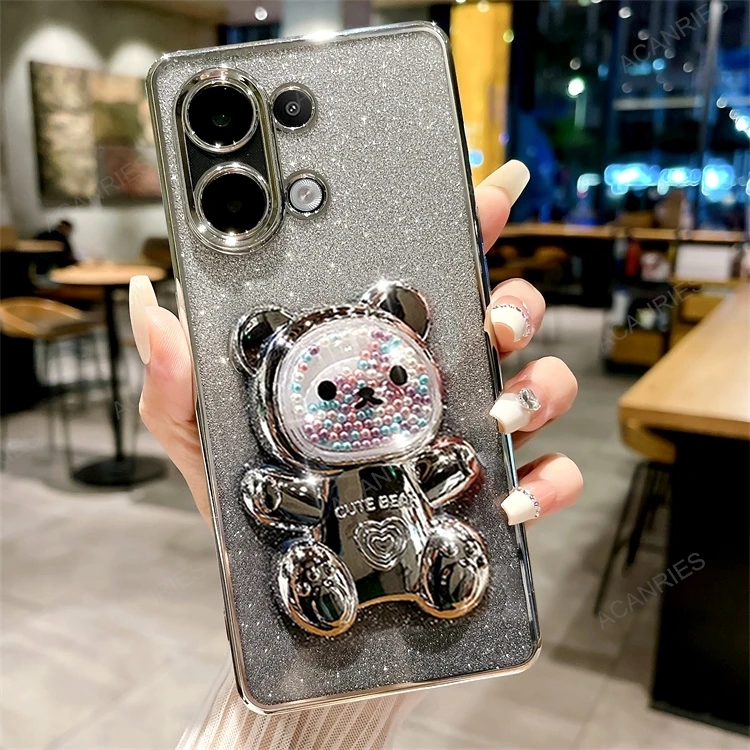 Étui en silicone plaqué avec support d'ours mignon pour Xiaomi Redmi Note 13 Pro 13pro Note13 4g 5g support couverture Mi Poco X6 M6 Pro Pocox6_voghion.com