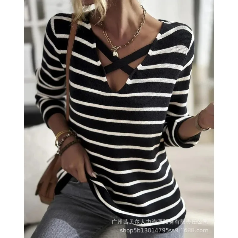 

Wepbel Summer Fashion Long Sleeve Casual Tshirt Tops Y2K V-neck Lace Striped Top Women Streetwear Ladies Loose Elasticity Tshirt