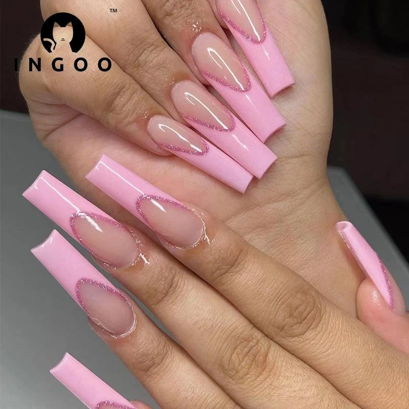 24pcs Reusable Stick On Fake Nails Long Acrylic Press On Nails Pink Glitter  French Coffin False Nails Artificial Nails With Glue - False Nails -  AliExpress
