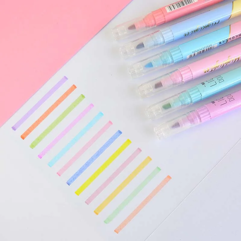6 PCS Double Tip Highlighter Pens Kawaii Candy Color Manga Markers DIY Journal Pastel Highlighter Set Korean Stationery highlighter pen,marker pen,highlighter marker