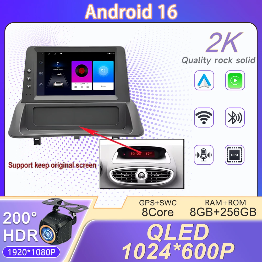 Radio de Coche Android 16 de 7 Pulgadas para Renault Clio 3 2005-2014, CarPlay Inalámbrico, Auto, Sin DVD, Pantalla Táctil, Unidad Principal, GPS, Bluetooth 1