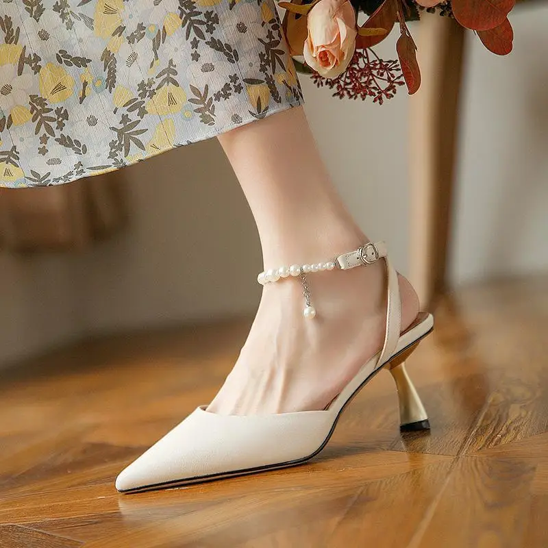 

New Summer Women Sandals Temperament Pearl Pointed Toe Stiletto Females Heels Solid Fashion High Quality Office Ladies Shoes