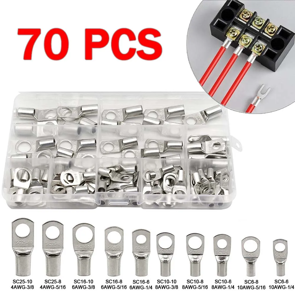 70 ชิ้น SC Bare Bolt Hole ทองแดงสาย lugs แบตเตอรี่ขั้วต่อสายไฟชุด SC6-6 SC10-6 SC16-8 SC25-8 1