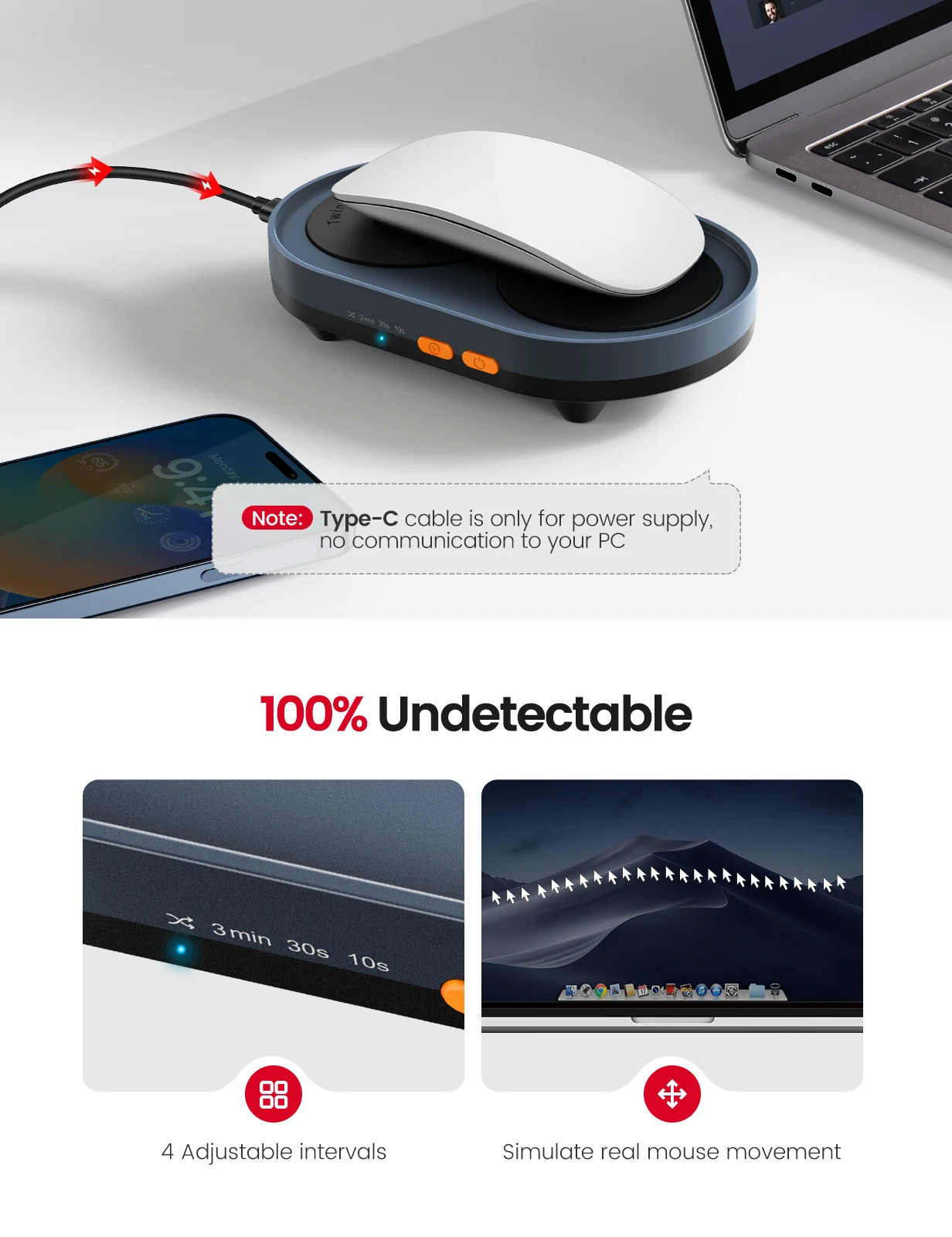 Vaydeer-dual Turntable Mouse Mover Intervalos Ajustáveis on Off Switch Indetectável e Silencioso Mouse Jiggler Simula - Imagem 2