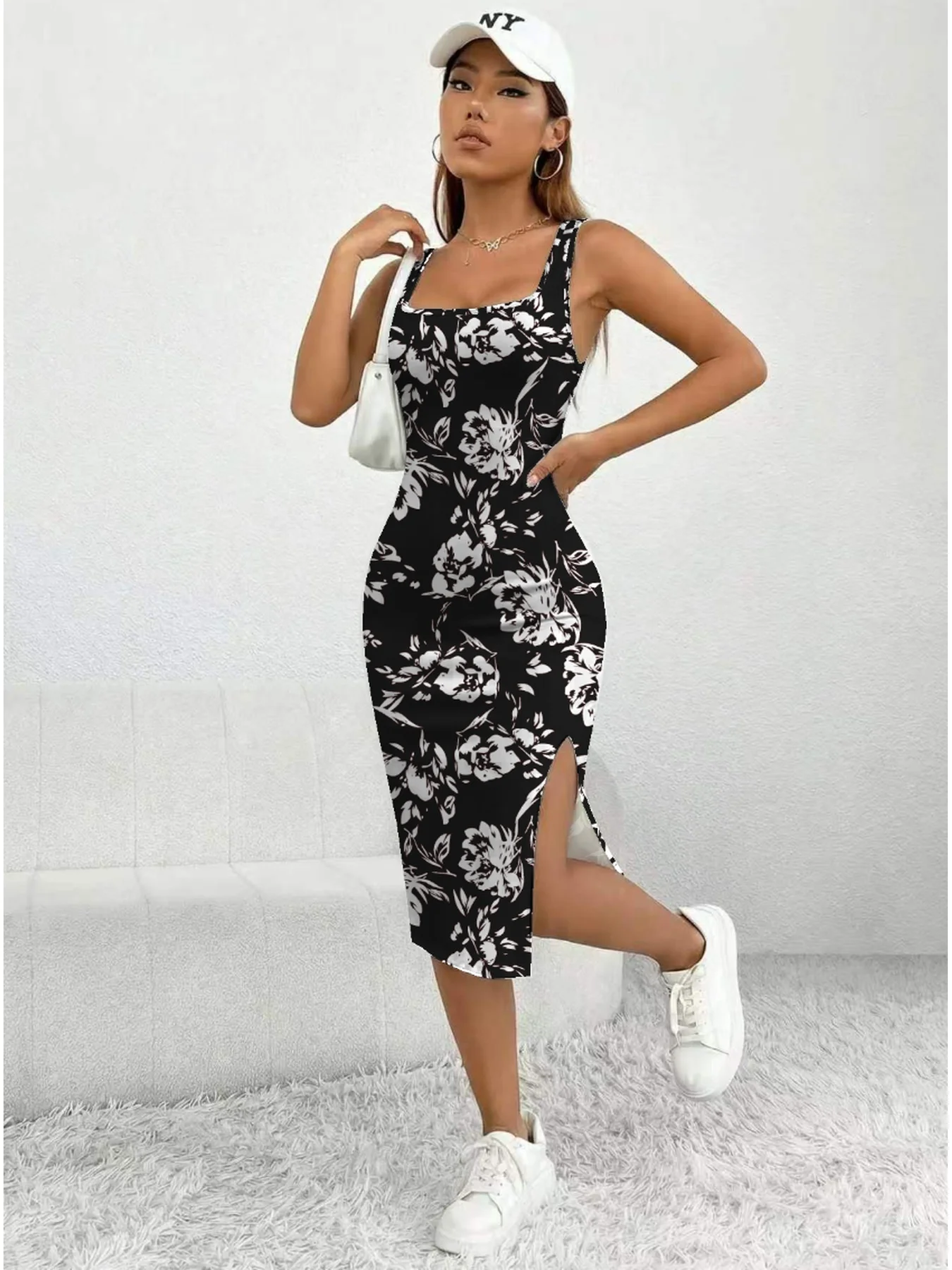 Damen Sommerkleid, lässig, elegant, bequem, mit eckigem Ausschnitt, geometrischem Muster, Blumenmuster, Schlitzkleid, mittellanger Rock