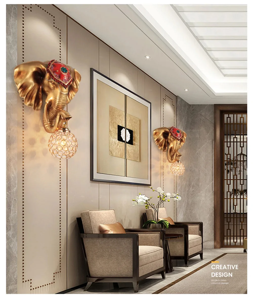 Two armchairs sit beneath 3D Elephant Wall Lights in a modern hallway. A framed art piece above them creates an ambiance that invites admiration and intrigue.