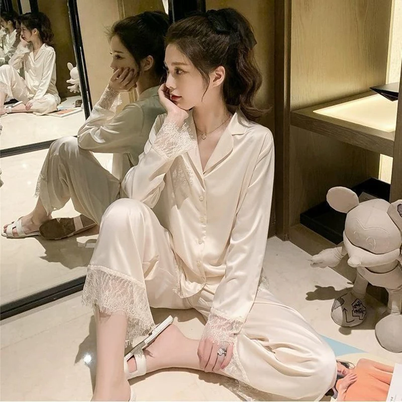Pigiama donna camicia da notte in seta primavera autunno pantaloni a maniche lunghe indumenti da notte in pizzo sexy scollo a V allentato casual semplice sottile Pama_voghion.com