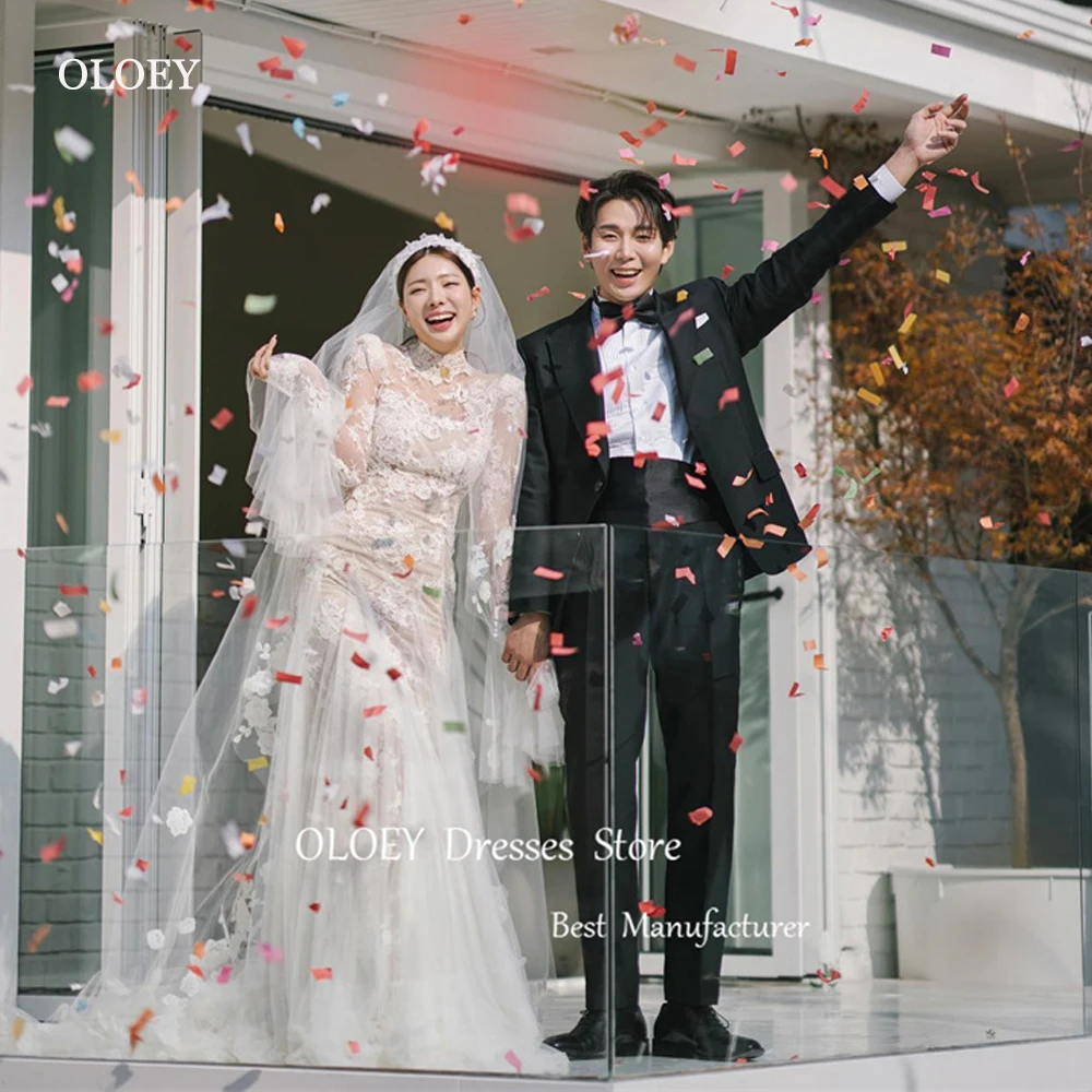 

OLOEY Elegant Lace Long Sleeves Korea Wedding Dresses Photoshoot Long Sleeves High Neck Tulle Bridal Gowns Vestido de noiva