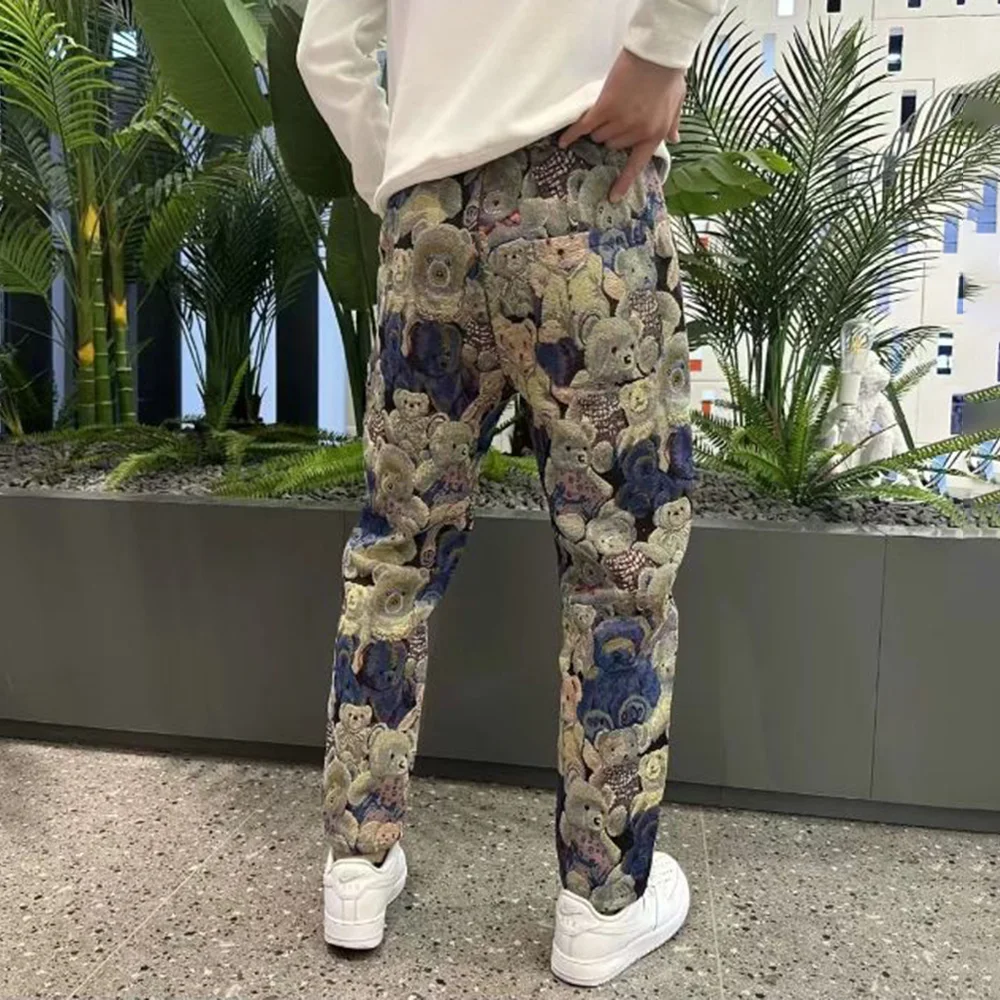 Autumn Mens Bear Embroidered Y2k Ankle-Tied Pants New Essential Casual Trendy Youth Fashion Street Slim Leggings For Men