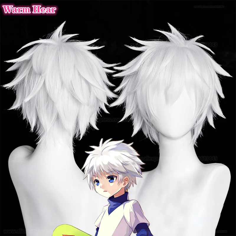 

Killua Zoldyck Cosplay Wig Anime Hunter x Hunter Cosplay Short White Shaggy Layered Wigs Heat Resistant Hair Wigs + Wig Cap