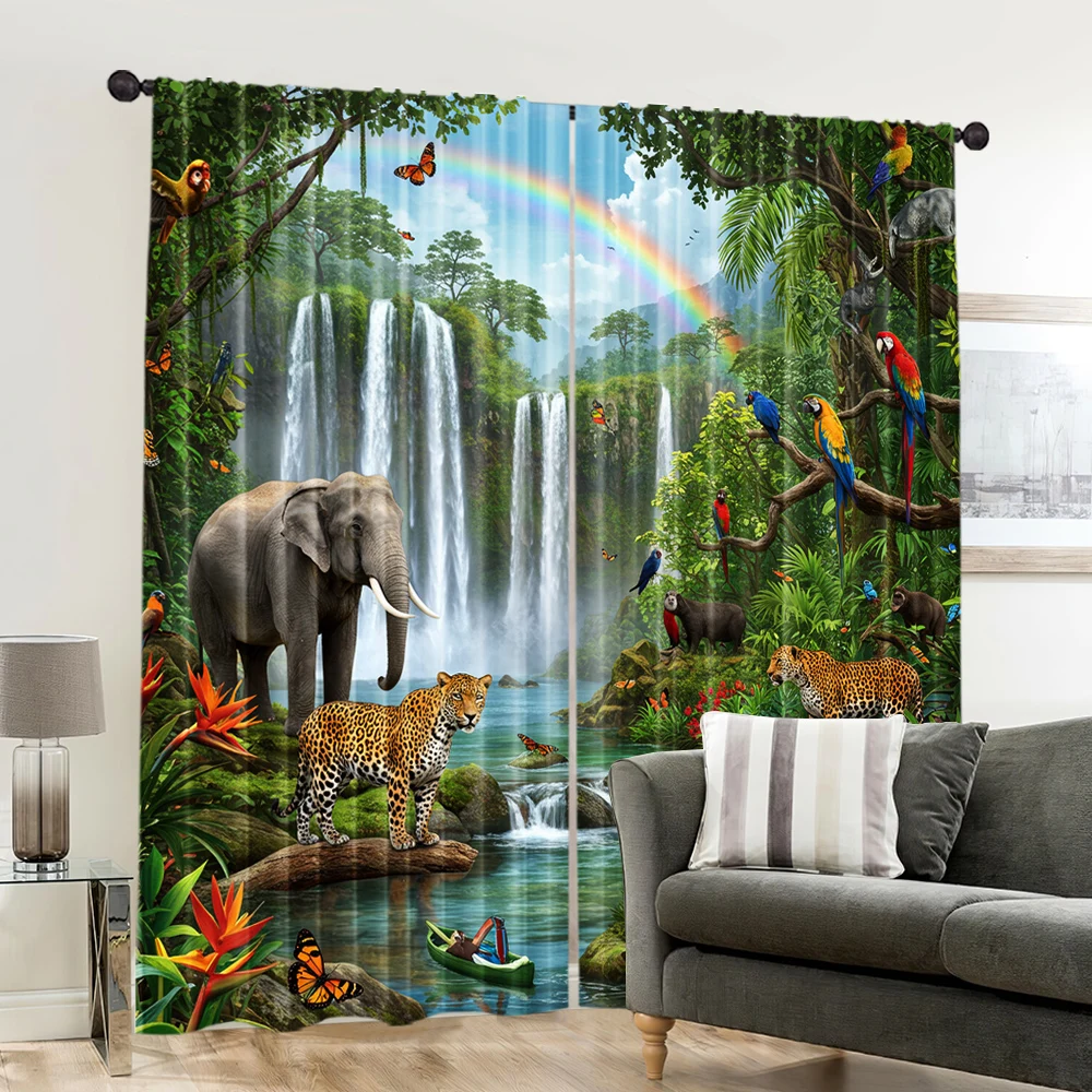2pcs, spring summer Curtains Rainforest Adventure Wind Semi-Sheer Curtains Polyester Woven Decorations Outdoor for Bedroom, 6