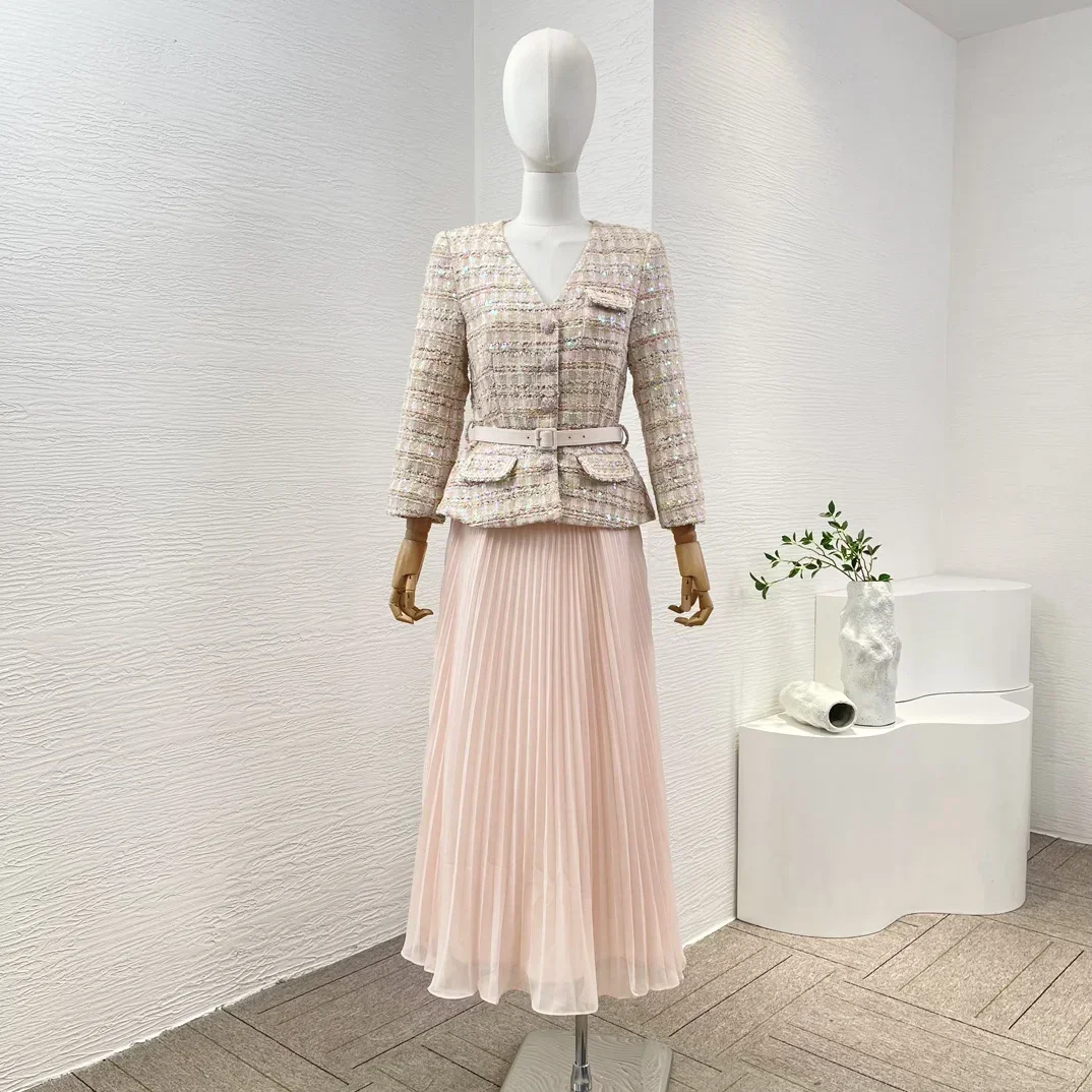 

2024 New Spring Top Quality Pink Belted Sequined Sparkle Tweed Pleated Chiffon Midi Women Elegant Dress