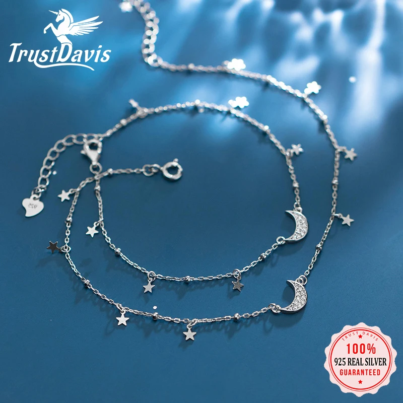 Trustdavis Authentic 925 Sterling Silver Fashion Dazzling CZ Moon Star Bracelet Anklets For Women Fine Jewelry Gift DA623 | Украшения и