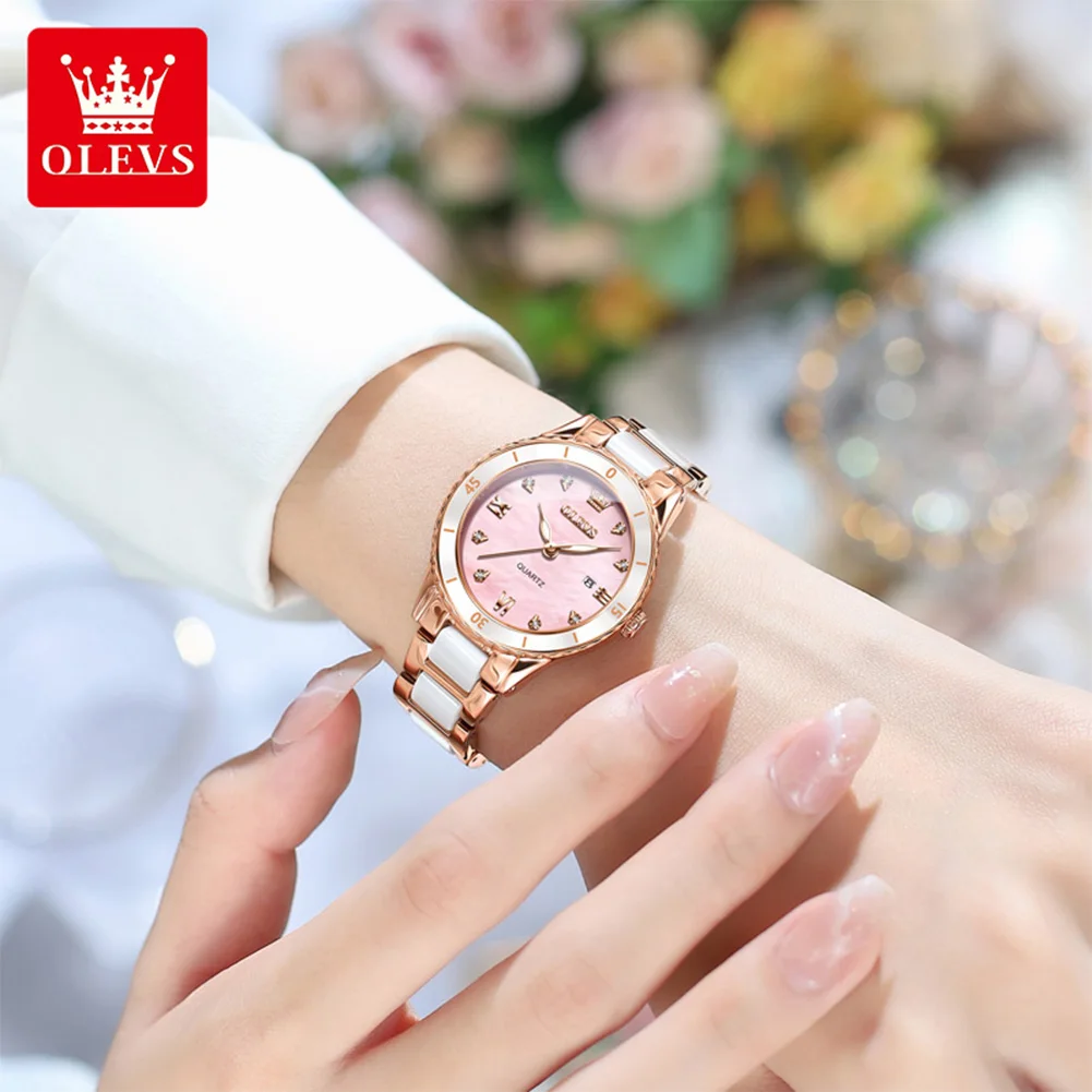OLEVS 9985 Women's Watch Zircon Scale Waterproof Date Quartz Watch For Women Ceramic Steel Strap Luminous Ladies Wristwatch