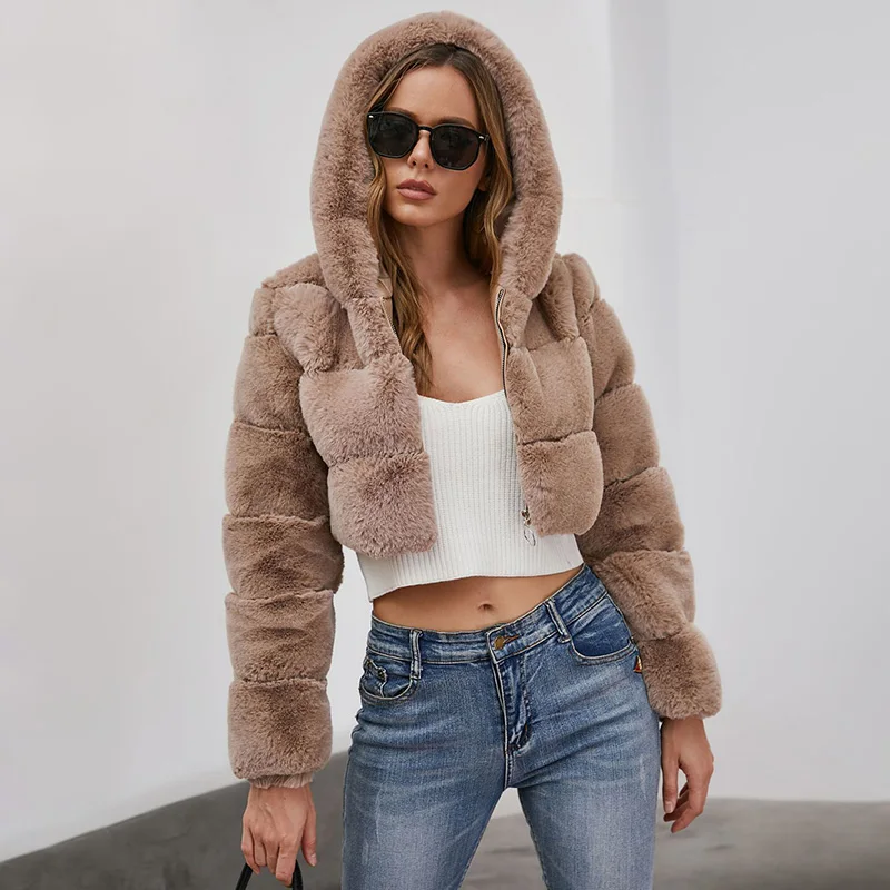 Women Faux Fur Coat Crop Hooded Fluffy Jacket Short Three Rows Zipper