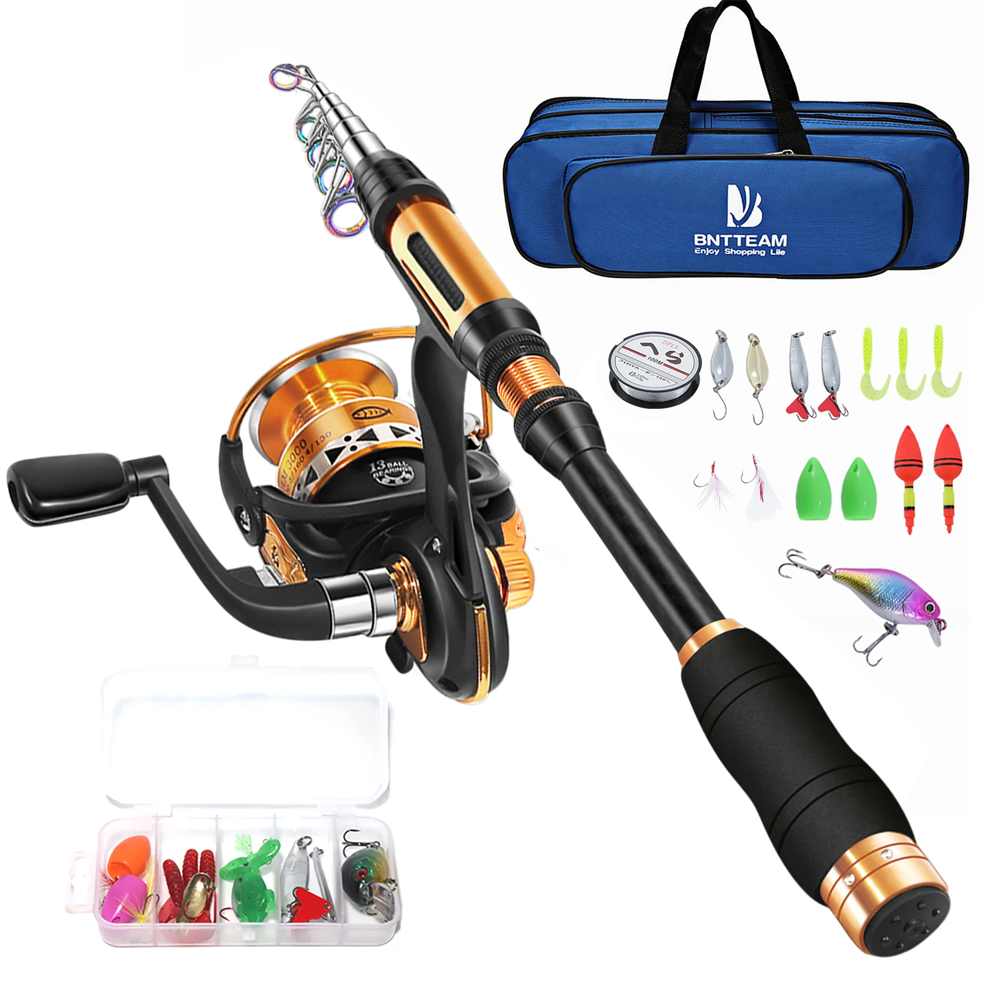 

BNTTEAM 99% Carbon Telescopic Fishing Rod Spinning Reel Combo Set with Line Lures Kit Bag for Kids Men Women Beginners