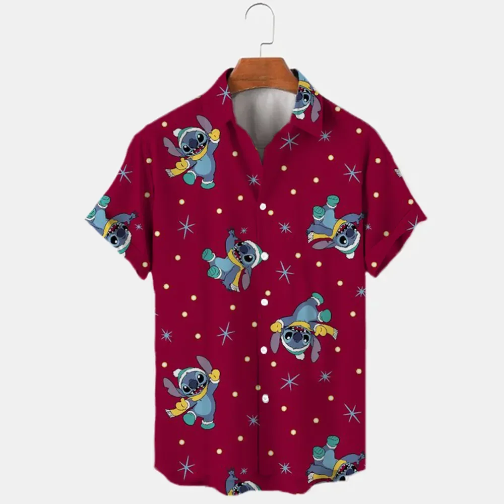 New Christmas Disney Brand Kawaii Stitch and Mickey Anime 3D Printing Men\'s Lapel Short Sleeve Shirt Harajuku Style Slim Top Y2K