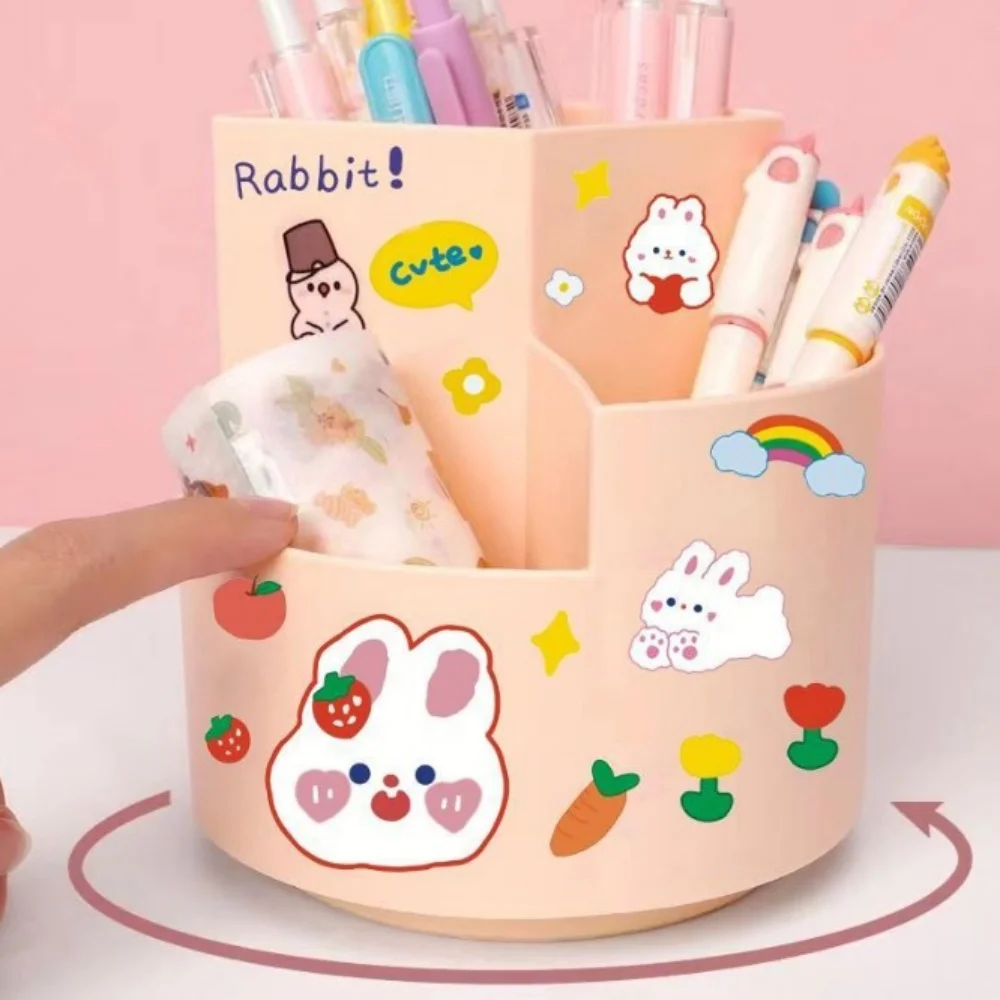 Kawaii Rotating Pen Holder Stickers Student Pencil Box Desktop Stationery Storage Organizer Office Home Makeup Brush Box