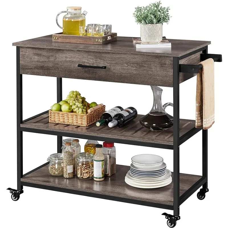 

Kitchen Island on Wheels, Rolling Kitchen Cart with Storage Drawer and Towel Rack, Utility Shelf Microwave Stand Cart