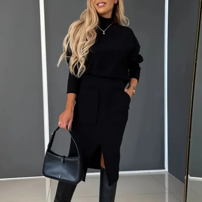 Chic Commute Office Outfits Lady Solid Turtleneck Top And Slim Slit Pocket Skirt Suits Elegant Women Knitted Skirt Two Piece Set