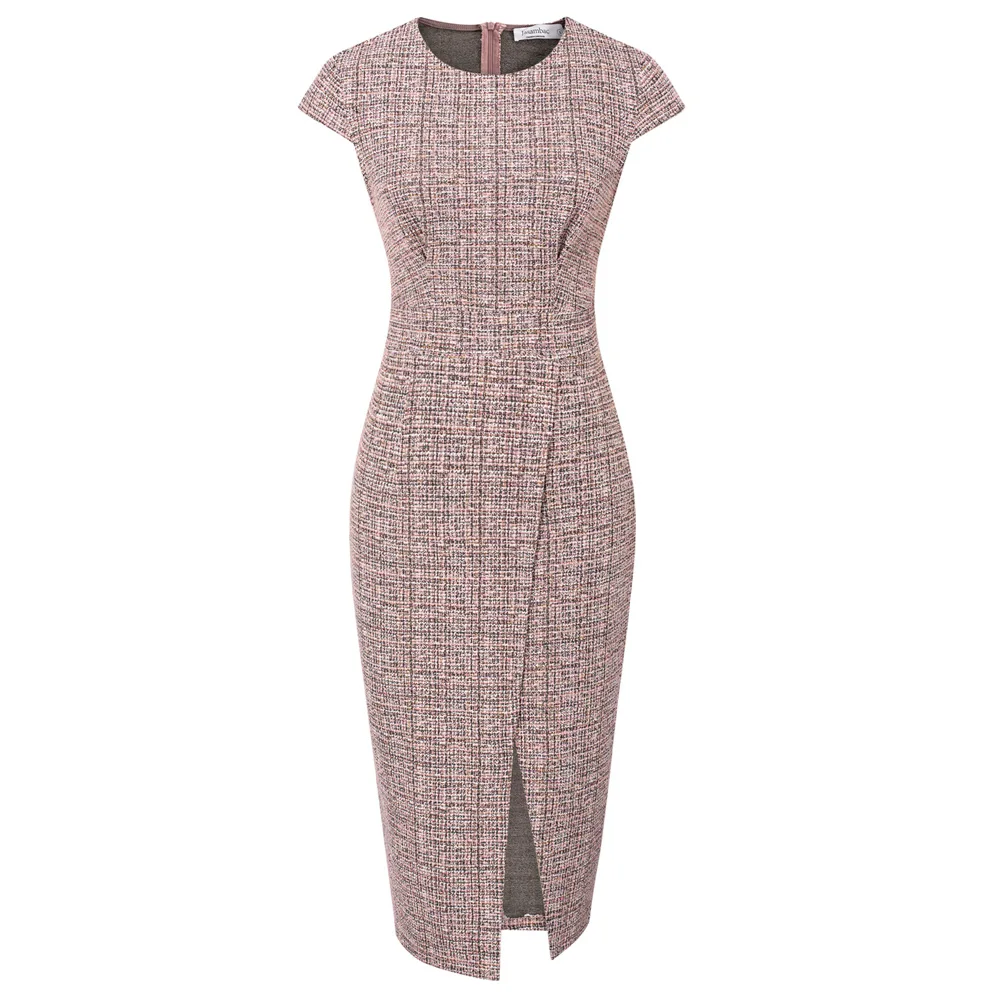 

Jasambac Women Wrap Hem Tweed Dress OL Cap Sleeve Crew Neck Bodycon Dress